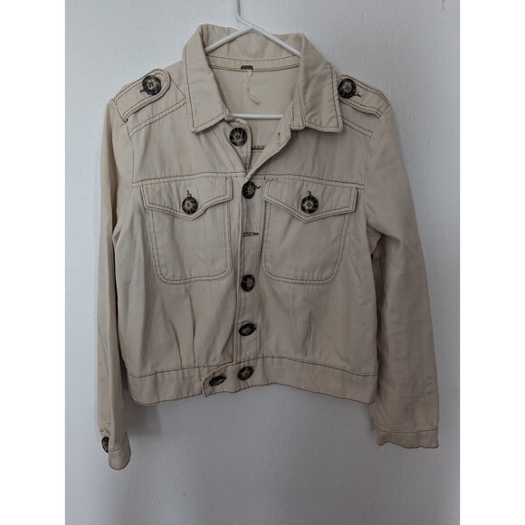 Free People Ivory Eisenhower Denim Jacket Size S Missing Button Some Stains - Picture 1 of 7